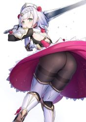 Rule 34 | 1girl, armor, armored dress, artist request, ass, black pantyhose, blush, boots, breasts, cameltoe, clothes lift, dress, flower, from behind, gauntlets, genshin impact, greatsword, greaves, green eyes, hair flower, hair ornament, hairclip, headdress, holding, holding weapon, looking at viewer, medium breasts, noelle (genshin impact), open mouth, pantyhose, shiny clothes, short hair, sideboob, skirt, skirt lift, solo, sword, thick thighs, thighband pantyhose, thighs, upskirt, weapon, white hair