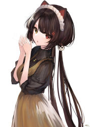 Rule 34 | 1girl, absurdres, animal ears, black hair, black sweater, boots, breasts, brown dress, brown eyes, commentary request, dog ears, dog girl, dog hair ornament, dog tail, dress, hair ornament, hands up, heterochromia, highres, inui toko, jazztaki, jewelry, long hair, looking at viewer, low twintails, maid headdress, medium breasts, necklace, nijisanji, parted lips, puffy short sleeves, puffy sleeves, red eyes, ribbed sweater, short sleeves, signature, simple background, sleeveless, sleeveless dress, solo, sweater, tail, turtleneck, turtleneck sweater, twintails, very long hair, virtual youtuber, white background