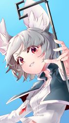 Rule 34 | 1girl, absurdres, animal ears, blue background, capelet, dowsing rod, grey hair, highres, jewelry, kibayashi kimori, looking at viewer, mouse ears, nazrin, pendant, red eyes, shirt, short hair, simple background, smile, solo, touhou, white shirt