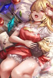 Rule 34 | 1girl, :d, blonde hair, book, crystal, fangs, flandre scarlet, frilled shirt collar, frills, hair between eyes, highres, long hair, lying, no headwear, no headwear, on back, one side up, open mouth, petticoat, puffy short sleeves, puffy sleeves, red eyes, red ribbon, red skirt, red vest, ribbon, sabakuomoto, short sleeves, skirt, skirt set, smile, solo, thighs, touhou, vest, wings