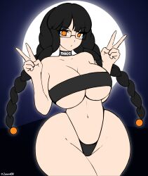 Rule 34 | 1girl, ass, black hair, breasts, curvy, glasses, highres, huge ass, huge breasts, large breasts, long hair, looking at viewer, orange eyes, original, solo, strapless, thick thighs, thighs, thong, tight clothes, tube top, wide hips, witch, zonen404