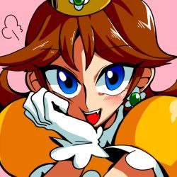 Rule 34 | 1girl, :d, blue eyes, blush, brown hair, crown, dress, earrings, eyelashes, gloves, gradient eyes, head rest, jewelry, lace-trimmed sleeves, lace trim, mario (series), multicolored eyes, nintendo, open mouth, pink background, princess daisy, puffy sleeves, sharp teeth, simple background, smile, solo, super mario bros. 1, super mario land, teeth, yellow dress
