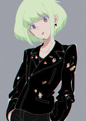 Rule 34 | 1boy, :p, absurdres, alternate costume, androgynous, black jacket, black pants, blunt bangs, chromatic aberration, collarbone, earrings, green hair, grey background, hands in pockets, head tilt, highres, jacket, jewelry, lio fotia, male focus, multicolored eyes, nishimoto yuri, pants, promare, purple eyes, serious, shaded face, short hair with long locks, sidelocks, simple background, standing, sticker, tongue, tongue out, upper body, v-shaped eyebrows, yellow eyes
