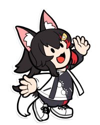Rule 34 | 1girl, :3, :d, animal ear fluff, animal ears, black hair, chibi, hair ornament, hairclip, hololive, hood, hoodie, kagelantern, long hair, looking up, mario (series), multicolored hair, ookami mio, ookami mio (casual), open mouth, outline, paper mario, paper mario: the origami king, paw print, red hair, shoes, smile, sneakers, solo, streaked hair, tail, transparent background, virtual youtuber, white outline, wolf ears, wolf girl, wolf tail