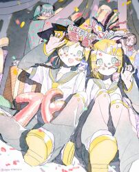 Rule 34 | 1boy, 1girl, adjusting eyewear, bass clef, birthday, black sailor collar, blonde hair, blush, bow, box, chibi, commentary, confetti, crossed ankles, detached sleeves, faux traditional media, gift, gift box, green eyes, hair bow, hair ornament, hairclip, hatsune miku, highres, kagamine len, kagamine rin, kaito (vocaloid), leg warmers, looking at viewer, megurine luka, meiko (vocaloid), necktie, novelty glasses, number balloon, on floor, open mouth, party horn, pogpa47985618, ribbon, sailor collar, shirt, short hair, shorts, shutter shades, sitting, smile, sticker on face, streamers, treble clef, twitter username, vignetting, vocaloid, white shirt, yellow nails, yellow necktie
