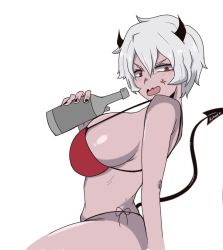 Rule 34 | 1girl, alcohol, bad id, bad pixiv id, bikini, breasts, demon girl, from side, helltaker, horns, kinaee, large breasts, malina (helltaker), nail polish, open mouth, outline, red eyes, self-upload, short hair, sideboob, solo, swimsuit, tail, transparent background, white background, white outline