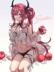 Rule 34 | 1girl, apple, arknights, bikini, character name, commentary request, feet out of frame, food, fruit, grey background, hair ornament, highres, holding, holding food, holding fruit, horns, navel, official alternate costume, purple eyes, red hair, side-tie bikini bottom, side ponytail, sitting, solo, star (symbol), star hair ornament, stomach, surtr (arknights), surtr (colorful wonderland) (arknights), swimsuit, tanagawa makoto, thigh strap, thighs