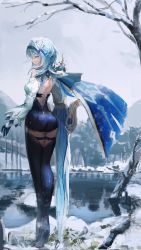 Rule 34 | 1girl, ass, blue cape, blue footwear, blue hair, cape, eula (genshin impact), from behind, genshin impact, gloves, greatsword, hair ornament, hairband, highres, long legs, long sleeves, medium hair, outdoors, skyn blue, solo, standing, sword, thighhighs, thighs, water, weapon