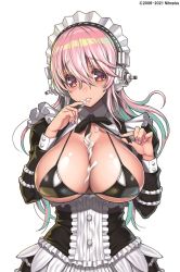1girl, alternate costume, apron, aqua hair, bikini, blush, breasts, cleavage, colored inner hair, enmaided, eyebrows visible through hair, food on body, frilled apron, frills, large breasts, long hair, looking at viewer, maid, maid apron, maid headdress, multicolored hair, nitroplus, pink eyes, pink hair, solo, super sonico, swimsuit, tsuji santa, two-tone hair, whipped cream, white apron