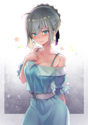 Rule 34 | 1girl, ahoge, arm behind back, bare shoulders, belt, blue dress, blue ribbon, blush, braid, breasts, cleavage, closed mouth, collarbone, commentary request, cowboy shot, dress, earrings, fate (series), gray (fate), green eyes, hair between eyes, hair ribbon, hand on own chest, hand up, highres, jewelry, looking at viewer, lord el-melloi ii case files, medium breasts, o-ring, o-ring belt, off-shoulder dress, off-shoulder shirt, off shoulder, ribbon, shirt, short hair, smile, solo, star (symbol), star earrings, white belt, yamamori maitake
