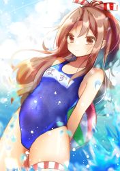 Rule 34 | 1girl, absurdres, alternate costume, arms behind back, ball, beachball, blue sky, blue one-piece swimsuit, chiyorinda, cloud, cloudy sky, collarbone, cover, cowboy shot, flat chest, grey hair, hachimaki, hair between eyes, headband, high ponytail, highres, kantai collection, long hair, looking at viewer, name tag, new school swimsuit, one-piece swimsuit, school swimsuit, sky, solo, swimsuit, water, zuihou (kancolle)
