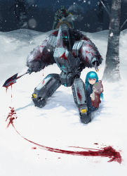 Rule 34 | 1girl, aged down, bad id, bad pixiv id, blood, blood on snow, bloody weapon, blue hair, centaurus (girls&#039; frontline), damaged, elid (girls&#039; frontline), girls&#039; frontline, long hair, mannaru, outdoors, protecting, red eyes, robot, shaded face, shovel, snow, snowing, stuffed animal, stuffed toy, stuffing, teddy bear, thunder (girls&#039; frontline), tree, veil, weapon