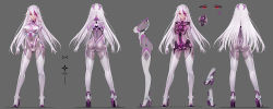 Rule 34 | 1girl, android, arms at sides, character sheet, commentary request, full body, grey background, hair between eyes, high heels, highres, long hair, looking at viewer, multicolored hair, multiple views, original, purple hair, red eyes, resolution mismatch, revealing clothes, ribs, science fiction, skeleton, source larger, spine, streaked hair, see-through body, transparent, white hair, zhuore zhi hen