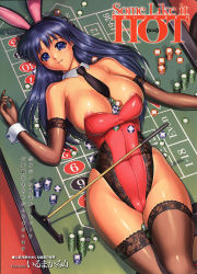 Rule 34 | 1girl, animal ears, areola slip, black necktie, blue eyes, blue hair, breasts, brown thighhighs, cameltoe, casino, poker chip, cleft of venus, detached collar, elbow gloves, fake animal ears, gloves, highres, iruma kamiri, lace, large breasts, leotard, long hair, matching hair/eyes, necktie, nipple slip, nipples, original, playboy bunny, poker chip, rabbit ears, roulette table, solo, table, thighhighs