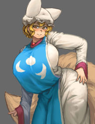 Rule 34 | 1girl, animal hat, blonde hair, blush, breasts, brown eyes, chanta (ayatakaoisii), dress, fox tail, grey background, hand on own hip, hat, highres, huge breasts, long sleeves, mob cap, multiple tails, nose blush, mob cap, plump, short hair, sideways glance, simple background, solo, tabard, tail, thighs, touhou, white dress, wide hips, wide sleeves, yakumo ran