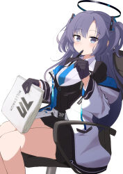Rule 34 | 1girl, black gloves, black skirt, blue archive, blue necktie, breasts, chair, collared shirt, feet out of frame, gloves, halo, highres, holding, holding paper, holding pen, jacket, kaine (gupisgood), large breasts, long hair, long sleeves, looking at viewer, mechanical halo, necktie, paper, pen, pleated skirt, purple eyes, purple hair, shirt, simple background, sitting, skirt, solo, two-sided fabric, two-sided jacket, two side up, white background, white jacket, white shirt, yuuka (blue archive)