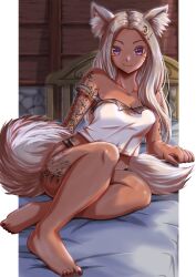 Rule 34 | 1girl, absurdres, animal ear fluff, animal ears, arm tattoo, bare legs, bare shoulders, barefoot, bed, black panties, breasts, camisole, cat ears, cat girl, cat tail, commission, dark skin, facial mark, final fantasy, final fantasy xiv, grey hair, highres, kenichiart, leg tattoo, long hair, medium breasts, miqo&#039;te, on bed, panties, purple eyes, sitting, skeb commission, strap slip, tail, tattoo, underwear, warrior of light (ff14), whisker markings, white camisole, white hair