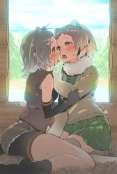 Rule 34 | 10s, 2girls, after kiss, american beaver (kemono friends), animal ears, antenna hair, bare shoulders, beaver ears, beaver tail, bike shorts, black-tailed prairie dog (kemono friends), blush, bow, bowtie, breasts, day, dog ears, dog tail, elbow gloves, eye contact, fur collar, gloves, green hair, hair ornament, hairclip, half-closed eyes, hand on another&#039;s face, indoors, jacket, kashi-k, kemono friends, light brown hair, log, long sleeves, looking at another, multicolored hair, multiple girls, pleated skirt, saliva, saliva trail, seiza, short hair, shorts, sitting, skirt, sky, sleeveless, sweat, sweater vest, tail, thighhighs, thighs, tongue, tongue out, torn clothes, torn sleeves, tree, two-tone hair, window, wooden wall, yuri