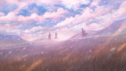 3girls blue_sky cloud commentary_request dress highres light_rays long_hair mountainous_horizon multiple_girls original outdoors sakimori_(hououbds) scenery short_hair sky sparkle sunbeam sunlight walking waving wheat_field