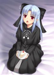 Rule 34 | 1girl, black dress, blue hair, bow, cake, dress, empty eyes, food, holding, len (tsukihime), long hair, looking up, melty blood, miyai sen, open mouth, plate, pointy ears, red eyes, ribbon, sitting, solo, tsukihime