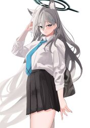 Rule 34 | 1girl, absurdres, ahoge, animal ears, aqua necktie, black skirt, blue archive, blush, breasts, cosplay, grey hair, halo, highres, large breasts, light smile, long hair, looking at viewer, mismatched pupils, necktie, pleated skirt, school uniform, shiroko (blue archive), shiroko (blue archive) (cosplay), shiroko terror (blue archive), shirt, shirt tucked in, simple background, skirt, solo, straight hair, tnr (horiko1525), very long hair, white background, white shirt, wolf ears
