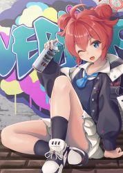 Rule 34 | 1girl, ;d, ahoge, blue archive, blue eyes, blue necktie, collared shirt, double bun, graffiti, hair bun, halo, highres, holding, jacket, light blush, long sleeves, looking at viewer, maki (blue archive), minakami mimimi, necktie, on floor, one eye closed, open mouth, paint on clothes, red hair, shirt, shoes, short hair, sitting, skirt, smile, sneakers, solo, spray can, spray paint