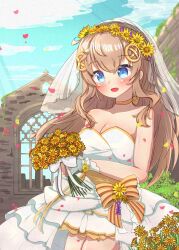 Rule 34 | 1girl, :d, absurdres, bare shoulders, blue eyes, blush, bouquet, bow, breasts, bridal veil, brown hair, choker, cleavage, collarbone, dress, flower, fnc (girls&#039; frontline), fnc (strawberry cake &amp; garden cosmos) (girls&#039; frontline), frilled dress, frills, girls&#039; frontline, hair ornament, head wreath, highres, holding, holding bouquet, holding flower, large breasts, long hair, official alternate costume, open mouth, outdoors, petals, rose petals, sleeveless, sleeveless dress, smile, solo, striped, striped bow, veil, wedding dress, white bow, white dress, wrist guards, yakikarintou3, yellow choker, yellow flower
