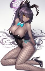 Rule 34 | 1girl, animal ears, armpits, azure-maya, bare shoulders, black hair, black leotard, blue archive, blue bow, bow, bowtie, breasts, cleavage, closed mouth, commentary, curvy, dark-skinned female, dark skin, detached collar, earrings, fake animal ears, fishnet pantyhose, fishnets, gloves, high heels, high ponytail, highres, jewelry, karin (blue archive), karin (bunny) (blue archive), large breasts, leotard, long hair, looking at viewer, pantyhose, playboy bunny, rabbit ears, rabbit tail, shiny skin, sidelocks, solo, tail, traditional bowtie, very long hair, white background, white gloves, wide hips, wrist cuffs, yellow eyes
