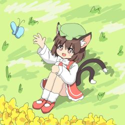 Rule 34 | 1girl, :d, animal ear fluff, animal ears, arm up, blush stickers, bobby socks, bow, bowtie, brown eyes, brown hair, bug, butterfly, cat ears, cat tail, chen, commentary request, dress, flower, full body, grass, happy, hat, highres, insect, knees up, mary janes, mob cap, nekomata, open mouth, outdoors, red dress, shoes, short hair, sitting, smile, socks, solo, tail, touhou, user tugs8757, white bow, white bowtie, yellow flower