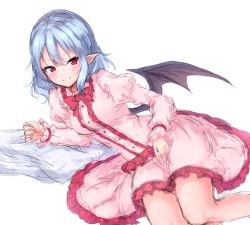 Rule 34 | 1girl, bat wings, blue hair, blush, bow, bowtie, breasts, commentary, dress, feet out of frame, frilled dress, frilled shirt collar, frills, highres, juliet sleeves, junior27016, long sleeves, looking at viewer, lying, medium breasts, no headwear, on side, pink dress, pointy ears, puffy sleeves, red bow, red bowtie, red eyes, remilia scarlet, short hair, simple background, smile, solo, thighs, touhou, white background, wings