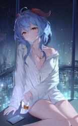 Rule 34 | 1girl, absurdres, ahoge, alternate costume, bare legs, blue hair, breasts, cellphone, cityscape, cleavage, closed mouth, collared shirt, condensation, contemporary, cup, dress shirt, drink, drinking glass, eyelashes, ganyu (genshin impact), genshin impact, goat horns, hair between eyes, head tilt, highres, holding, holding drink, horns, indoors, jewelry, large breasts, lel, light blush, long hair, long sleeves, looking at viewer, naked shirt, necklace, night, off shoulder, partially unbuttoned, phone, red eyes, reflection, shirt, single bare shoulder, sitting, sleeves past wrists, smartphone, smile, solo, thighs, white shirt, window