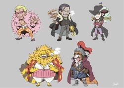 Rule 34 | 5boys, absurdres, bad id, bad twitter id, blonde hair, cat boy, cat tail, chibi, cigar, crocodile (one piece), cross, cross necklace, crossed arms, dog boy, dog tail, donquixote doflamingo, dracule mihawk, feather boa, full body, furry, furry male, highres, inuarashi (one piece), irohero, japanese clothes, jewelry, kimono, long sleeves, male focus, multiple boys, muscular, necklace, nekomamushi, one piece, open clothes, open kimono, open shirt, orange pants, pants, pectoral cleavage, pectorals, pink pants, sand, sandals, scar, scar on face, short hair, shorts, smile, smoking, spread legs, sunglasses, sword, sword behind back, tail, tongue, tongue out, weapon, yoru (sword)
