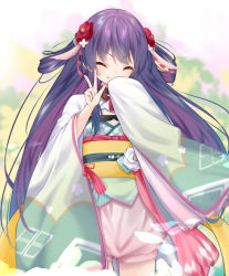 Rule 34 | 1girl, absurdres, black hair, closed eyes, flower, hair ornament, hanakoto igusa, highres, japanese clothes, kimono, laughing, long hair, looking at viewer, open mouth, rascala39, ribbon, shrims, simple background, smile, solo, standing, straight hair, virtual youtuber