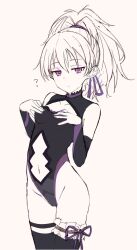 Rule 34 | 1girl, breasts, clothing cutout, darker than black, groin, highleg, highres, navel, nonono (mino), ponytail, purple eyes, ribbon, simple background, small breasts, solo, standing, thighhighs, thighs, white hair, yin (darker than black)
