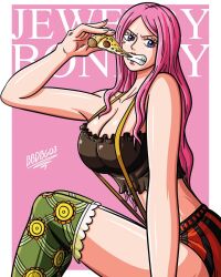 Rule 34 | 1girl, alternate costume, bare shoulders, bbdbg03, breasts, female focus, food, highres, jewelry bonney, large breasts, official alternate costume, one piece, pizza, solo, thick thighs, thighs