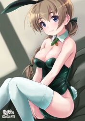 Rule 34 | 1girl, animal ears, artist name, bare shoulders, black leotard, black ribbon, blue eyes, bolo tie, braid, breasts, brown hair, cleavage, closed mouth, collar, commentary request, detached collar, fake animal ears, fake tail, green ribbon, hair ribbon, haruhata mutsuki, highleg, highleg leotard, leaning back, legs, leotard, long hair, looking at viewer, lynette bishop, medium breasts, neck ribbon, playboy bunny, rabbit ears, rabbit tail, revision, ribbon, signature, single braid, sitting, smile, solo, strapless, strapless leotard, strike witches, tail, thighhighs, twitter username, v arms, white collar, white thighhighs, wing collar, world witches series