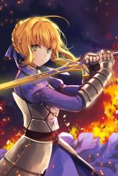 Rule 34 | 1girl, ahoge, armor, armored dress, artoria pendragon (all), artoria pendragon (fate), blonde hair, caliburn (fate), dress, excalibur (fate/stay night), fate/stay night, fate (series), gradient background, green eyes, highres, ice (ice aptx), saber (fate), solo, sword, weapon