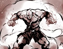 Rule 34 | 1boy, bald, belt, eyepatch, fighting stance, glowing hands, greyscale, highres, ishiyumi, looking ahead, male focus, monochrome, muscular, muscular male, one eye covered, sagat, scar, scar on chest, scowl, shorts, solo, street fighter, topless male