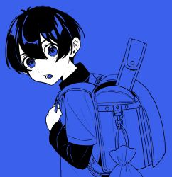 Rule 34 | 1boy, absurdres, aged down, backpack, bag, blue background, blue lock, blue theme, child, from side, hair between eyes, highres, holding strap, isagi yoichi, layered sleeves, long sleeves, looking at viewer, male focus, open mouth, pepupapipooo, randoseru, shirt, short hair, short over long sleeves, short sleeves, simple background, solo, upper body
