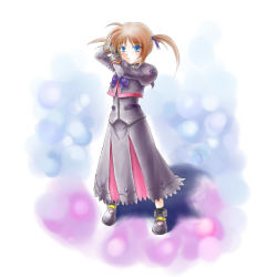 Rule 34 | 1girl, alternate hairstyle, blue eyes, blush, brown hair, gloves, hair ribbon, highres, long sleeves, lyrical nanoha, magical girl, mahou shoujo lyrical nanoha, mahou shoujo lyrical nanoha a&#039;s, mahou shoujo lyrical nanoha a&#039;s portable: the battle of aces, stern the destructor, puffy sleeves, ribbon, short twintails, solo, twintails, wakkiru