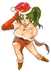 Rule 34 | 1990s (style), 1girl, arm up, breasts, bridal gauntlets, christmas, cleavage, dress, elbow gloves, final fantasy, final fantasy vi, from above, gloves, green eyes, green hair, hair between eyes, hand up, jewelry, large breasts, legs, matching hair/eyes, miniskirt, mizuryu kei, necklace, ponytail, red gloves, retro artstyle, santa costume, simple background, skirt, solo, standing, strapless, strapless dress, tina branford, white background