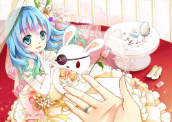 Rule 34 | 1girl, :d, blue eyes, blue hair, bow, bowtie, bridal gauntlets, bridal veil, collarbone, date a live, dress, elbow gloves, eyepatch, floating hair, flower, gloves, green ribbon, gyaza, hair between eyes, indoors, letter, long hair, looking at viewer, love letter, multicolored hair, open mouth, orange neckwear, pink flower, ribbon, shoes, sleeveless, sleeveless dress, smile, strapless, strapless dress, striped bow, striped bowtie, striped clothes, striped neckwear, two-tone hair, unworn shoes, veil, wedding dress, white gloves, yellow dress, yoshino (date a live), yoshinon