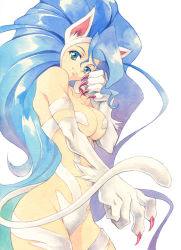 Rule 34 | 1girl, agahari, animal ears, animal hands, bad id, bad pixiv id, big hair, blue eyes, blue hair, body fur, breasts, capcom, cat ears, cat tail, claws, cleavage, felicia (vampire), large breasts, matching hair/eyes, solo, tail, traditional media, vampire (game)