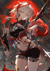 Rule 34 | 1girl, antennae, arknights, belt, black shorts, black tube top, closed mouth, commentary request, cowboy shot, demon horns, grey eyes, hand up, highres, horns, indai (3330425), jacket, long hair, long sleeves, looking at viewer, navel, orange eyes, red horns, red jacket, shorts, shrug (clothing), solo, strapless, tail, thigh belt, thigh strap, tube top, w (arknights), wis&#039;adel (arknights)