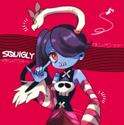 Rule 34 | 1girl, blue skin, character name, colored skin, detached collar, detached sleeves, ekubo (ciaobero), hair over one eye, japanese text, leviathan (skullgirls), musical note, purple hair, red background, red eyes, skullgirls, solo, squigly (skullgirls), stitched mouth, stitches, striped sleeves, upper body, zombie