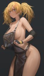 Rule 34 | 1girl, absurdres, apron, bare shoulders, blonde hair, blue eyes, blush, breasts, cleavage, closed mouth, collarbone, earrings, elbow pads, free style (yohan1754), gradient background, hair between eyes, hair ornament, hairclip, highres, jewelry, large breasts, long hair, looking at viewer, naked apron, original, see-through, sideboob, smile, solo, thighs, twintails