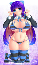 Rule 34 | 10s, 1girl, ass, bad id, bad pixiv id, bikini, bikini under clothes, blouse, blue eyes, blue hair, blunt bangs, blush, breasts, cleavage, clothes lift, collared shirt, curvy, front-tie bikini top, front-tie top, full body, hair ribbon, highres, hip focus, huge ass, huge breasts, kneeling, large breasts, long hair, lowleg, lowleg bikini, matching hair/eyes, multicolored hair, navel, open mouth, panty &amp; stocking with garterbelt, pink hair, purple background, ribbon, shiny skin, shirt, shirt lift, skindentation, solo, stocking (psg), string bikini, striped bikini, striped clothes, striped thighhighs, swimsuit, syroh, thick thighs, thighhighs, thighs, two-tone hair, very long hair, white shirt, wide hips