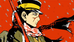 Rule 34 | 1boy, black hair, closed mouth, commentary request, golden kamuy, hat, holding, holding sword, holding weapon, male focus, military hat, nekosoul, profile, red background, red eyes, scar, scar on face, scarf, short hair, snowing, solo, sugimoto saichi, sword, weapon