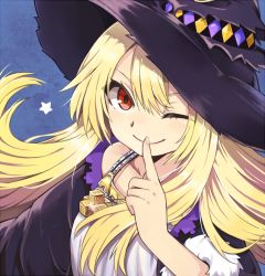 Rule 34 | 1girl, black coat, black hat, blonde hair, blue background, coat, collarbone, cu-sith, daria (shadowverse), dorothy (shingeki no bahamut), dress, finger to mouth, fur trim, hair between eyes, hat, index finger raised, jewelry, long hair, looking at viewer, necklace, one eye closed, red eyes, shadowverse, shingeki no bahamut, smile, solo, star (symbol), upper body, white dress, witch, witch hat