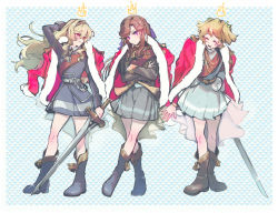Rule 34 | 3girls, :/, ^ ^, ankle boots, arm at side, arm behind head, arm up, arms at sides, belt, belt buckle, black footwear, black jacket, black skirt, blonde hair, blue background, boots, border, bow, brown footwear, brown hair, brown hairband, buckle, closed eyes, closed mouth, commentary request, crossed arms, crossed legs, crown (symbol), daiba nana, floating hair, full body, fur-trimmed jacket, fur trim, glint, green ribbon, grey belt, hair between eyes, hair bow, hair ribbon, hairband, holding, holding sword, holding weapon, jacket, jacket on shoulders, katana, leaning forward, long hair, long sleeves, looking at another, looking away, looking down, looking to the side, miniskirt, multiple girls, open mouth, outside border, parted bangs, patterned background, pleated skirt, purple bow, purple eyes, red eyes, red jacket, red sash, ribbon, saijou claudine, sash, setsugeka tumugi, short hair, short twintails, shoujo kageki revue starlight, side-by-side, sidelocks, single stripe, skirt, smile, standing, striped clothes, striped skirt, sword, tassel, tendou maya, twintails, v-shaped eyebrows, waist cape, watson cross, wavy hair, weapon, white border, white jacket, yellow belt